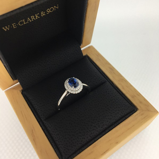 Clark Collection white gold sapphire and diamond halo ring