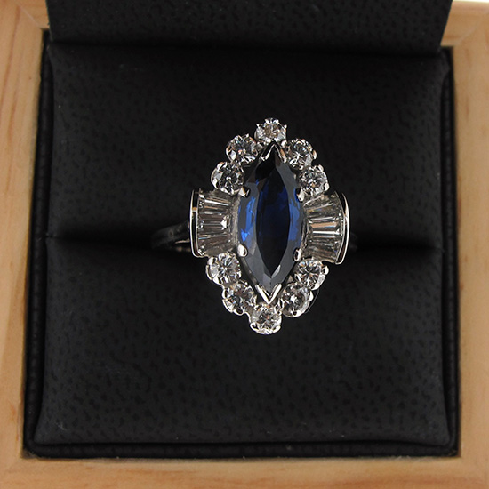 sapphire and diamond ring in box